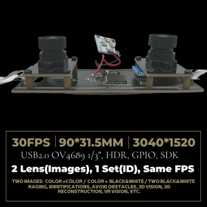 5MP Frame-Rate-Synchronized, Lens-Movable Stereo Camera board with 1/3″ OV4689+OV4689 sensor, 1520*2*1520 Non Distortion 30fps USB2.0 Camera Module, 1080P HD OTG UVC Plug Play 3D Stereo VR We...