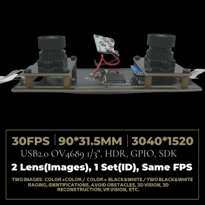 5MP Frame-Rate-Synchronized, Lens-Movable Stereo Camera board with 1/3″ OV4689+OV4689 sensor, 1520*2*1520 Non Distortion 30fps USB2.0 Camera Module, 1080P HD OTG UVC Plug Play 3D Stereo VR Webcam board